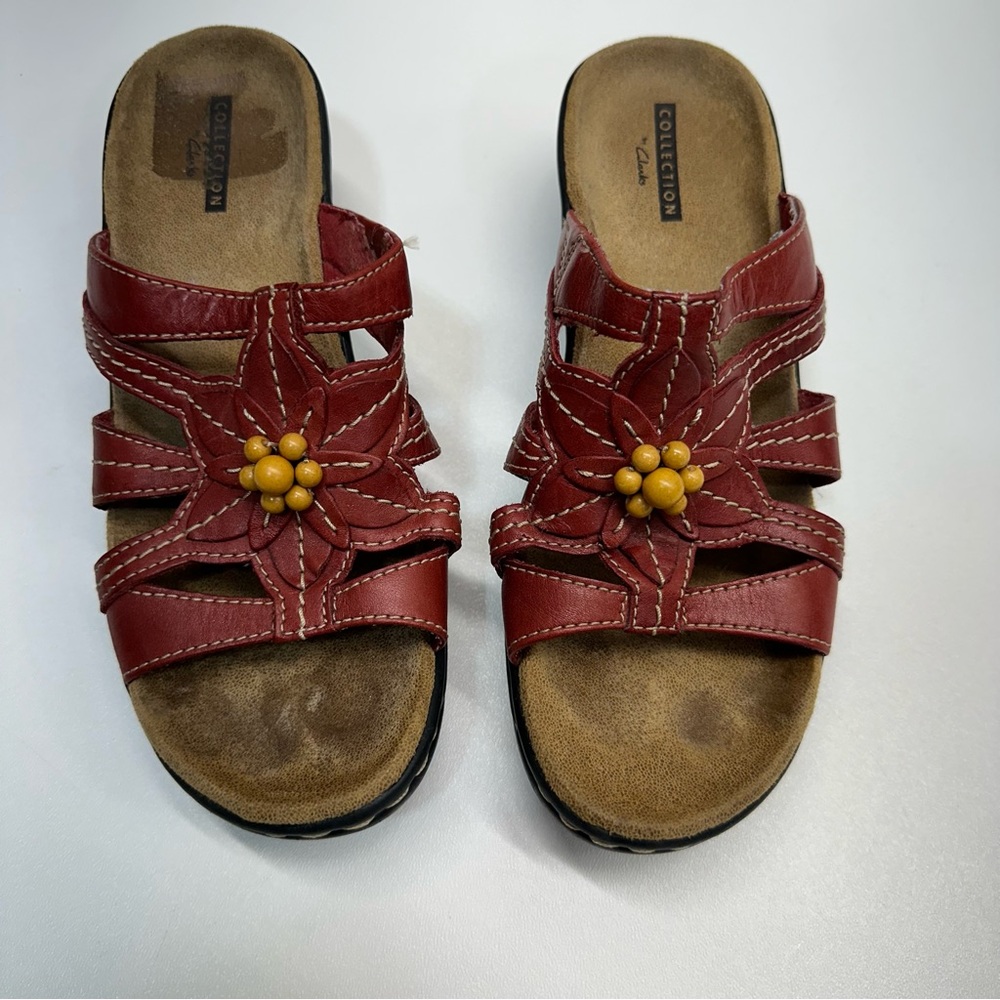 Clarks Red Lexi Myrtle Leather Slip on Comfort Wedge Sandals Womens Size 7